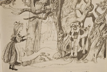 Mesebeli jelenet egy lánnyal és egy különleges kutyával az erdőben Egy fiatal lány találkozik egy különleges mintázatú kutyával az erdőben, mesebeli rajz.