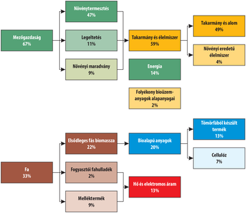 Diagram a mezőgazdaság és faipar termékeinek és melléktermékeinek százalékos megoszlásáról.
