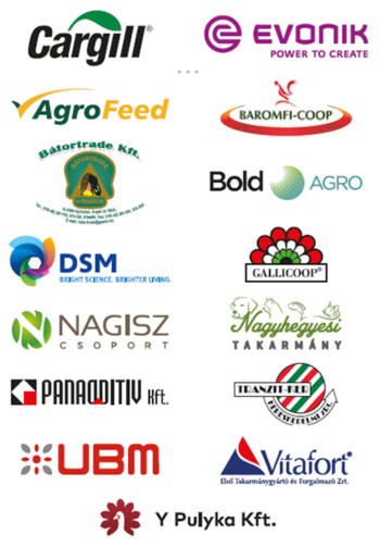 Különböző mezőgazdasági és takarmánygyártó cégek logói, mint Cargill, Evonik, AgroFeed.