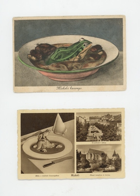 Két régi képeslap Miskolci kocsonyával, békával és Miskolc látképeivel.