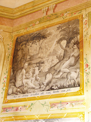 Freskó mitológiai jelenettel, meztelen alakok és állatok természetes környezetben.