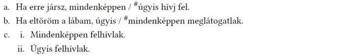 Mondatok a 'mindenképpen' és 'úgyis' kifejezésekkel Különböző mondatok, amelyek a 'mindenképpen' és 'úgyis' kifejezéseket használják.