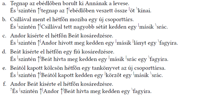 Hat mondatpár, amelyek különböző eseményeket írnak le, és mindegyik második mondata hasonló eseményt mutat be.