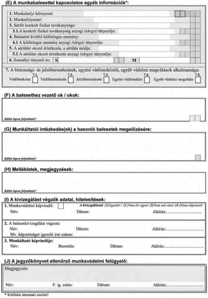 Munkabaleseti jegyzőkönyv részlete Munkabaleseti jegyzőkönyv részlete, amely információkat tartalmaz a balesetről, okokról, megelőzésről és a vizsgálatot végzők adatairól.