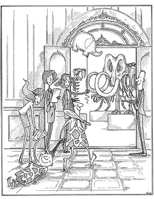 Múzeumi látogatók mamut csontvázat vizsgálnak Múzeumi jelenet, ahol emberek egy mamut csontvázat néznek meg, különböző tevékenységeket végezve.