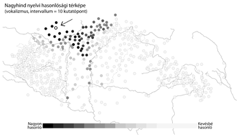 Térkép a Nagyhind nyelvi hasonlóságról, különböző kutatópontokkal és színskálával.