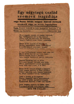 Régi papírlap Barna István magyar honvéd szomorú tragédiájáról az orosz fogságban.
