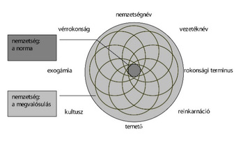 Diagram a nemzetség fogalmáról, vérrokonság, exogámia, kultusz, vezetéknév, nemzetségnév, rokonsági terminus, reinkarnáció és temető elemekkel.