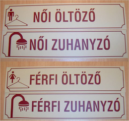 Női és férfi öltöző és zuhanyzó táblák Női és férfi öltöző és zuhanyzó táblák, jelmagyarázattal.