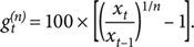 Matematikai képlet: g_t^(n) = 100 × [(x_t / x_(t-1))^(1/n) - 1], növekedési ütem számítása