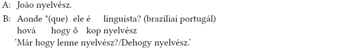 Nyelvészeti párbeszéd példája, ahol João nyelvész, és a brazíliai portugál kérdés megfogalmazása látható.