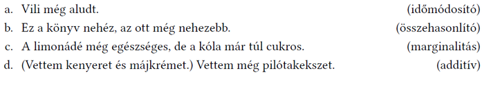 Nyelvi funkciók példái mondatokkal Négy mondat különböző nyelvi funkciókkal: időmódosító, összehasonlító, marginalitás, additív.