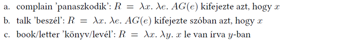 Három nyelvi kifejezés és azok logikai reprezentációja: panaszkodik, beszél, könyv/levél.