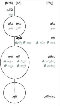 Diagram különböző szavakkal és szimbólumokkal, férfi és női kategóriákban.