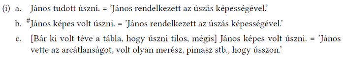 Nyelvi példa, amely a 'tudni' és 'képes lenni' kifejezések különböző jelentéseit vizsgálja úszás kontextusában.