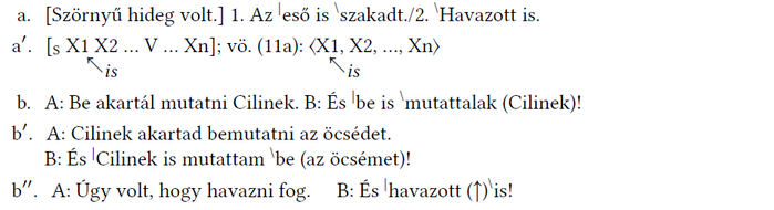 Nyelvtani példák és jelmagyarázatok, amelyek a mondatok szerkezetét és hangsúlyozását mutatják be.