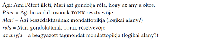 Nyelvtani elemzés: mondat topik és résztvevők Nyelvtani elemzés egy mondatról, amely a topik és résztvevők szerepét vizsgálja.