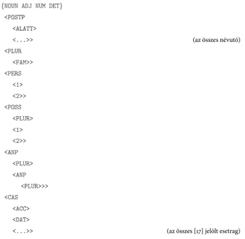 Nyelvtani kategóriák és jelölések, névutók és esetragok különböző formái, PLUR, POSS, ANP, CAS, POSTP