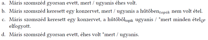 Négy példamondat a 'mert' és 'ugyanis' kötőszavak használatával, különböző mondatszerkezetekben.
