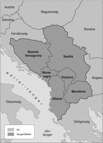 Térkép a Nyugat-Balkán országairól és az EU tagállamairól, beleértve Bosznia-Hercegovinát, Szerbiát, Montenegrót, Koszovót, Macedóniát és Albániát.