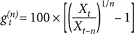 Matematikai képlet: g_t^(n) = 100 × [(X_t / X_(t-n))^(1/n) - 1], növekedési ütem számítása
