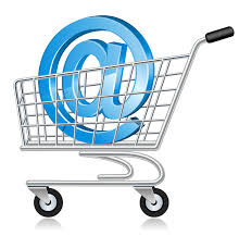 Bevásárlókocsi, benne kék '@' szimbólum, az online vásárlás jelképe.