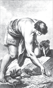 Egy óriás térdel a folyó partján, és vizet merít a kezével.