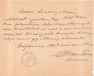 Kézzel írt orvosi igazolás 1924-ből, Fitsch Ilona részére, Dr. Mészáros Károly által kiállítva.