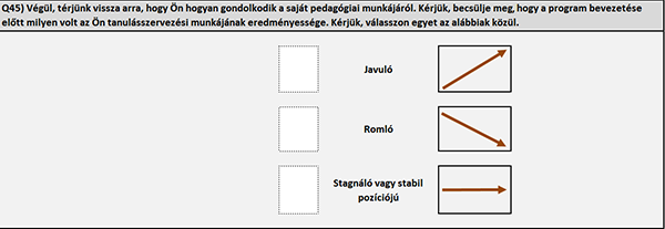 Kérdőív részlet a pedagógiai munka eredményességéről, három válaszlehetőséggel: javuló, romló, stagnáló vagy stabil pozíciójú.