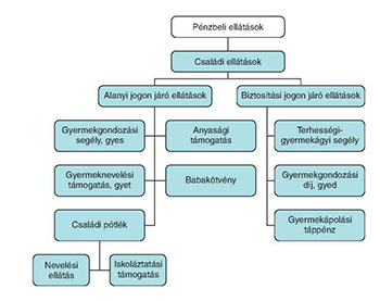 Pénzbeli ellátások családi ellátásokra való felosztása Diagram a pénzbeli ellátások családi ellátásokra való felosztásáról, alanyi és biztosítási jogon járó ellátásokkal.