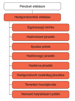Pénzbeli ellátások és hadigondozottak ellátásai Diagram a pénzbeli ellátásokról, beleértve a hadigondozottak ellátásait, mint például az egyszeri térítést és a temetési hozzájárulást.