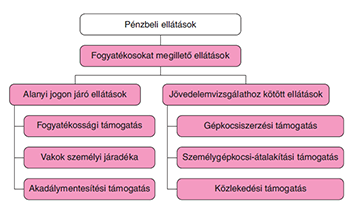 Pénzbeli ellátások rendszere fogyatékosoknak Diagram a pénzbeli ellátásokról, különös tekintettel a fogyatékosokat megillető ellátásokra, alanyi jogon járó és jövedelemvizsgálathoz kötött ellátásokkal.