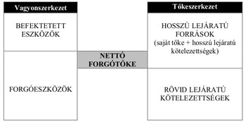 Pénzügyi diagram, amely a vagyon- és tőkeszerkezetet mutatja be, kiemelve a nettó forgótőkét.