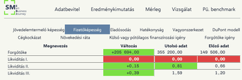 Pénzügyi elemzés táblázat a fizetőképesség mutatóival és azok változásaival.
