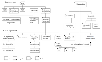 Pénzügyi tervezési diagram, amely az általános és különleges pénzügyi mutatókat és eszközöket ábrázolja, mint EBT, ROE, ROI, tőkeforgás, készletek, késztermékek, vállalati nyereség, likvid eszközök, cash flow, és intervallum pénzügyi tervezés.