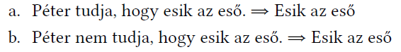 Péter esővel kapcsolatos tudása Két állítás Péter tudásáról az esővel kapcsolatban: tudja és nem tudja, hogy esik az eső.