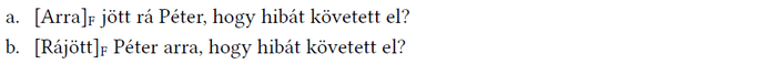 Két mondat Péter hibájáról, különböző hangsúlyozással: 'Arra jött rá Péter...' és 'Rájött Péter arra...'.