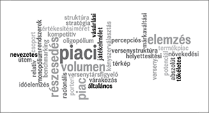 Szófelhő piaci és elemzési kifejezésekkel, mint piaci, elemzés, részesedés.