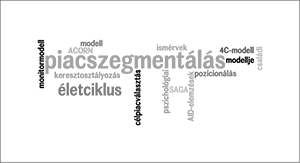 Szófelhő a piacszegmentálásról és kapcsolódó marketing fogalmakról, mint életciklus, célpiacválasztás, pozicionálás.