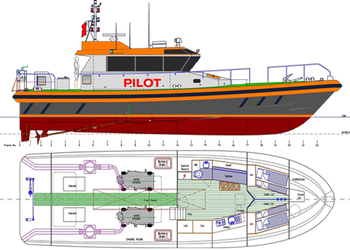 Pilótahajó oldalnézeti rajza és alaprajza, bemutatva a hajó szerkezetét és belső elrendezését.