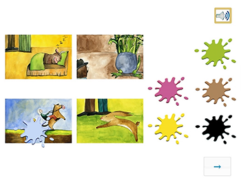 Rajzolt jelenetek egy történetben, festékfoltokkal Négy rajzolt jelenet egy történetben, festékfoltok és hangszóró ikon