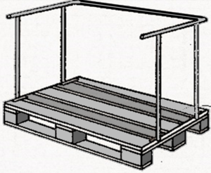 Raklapra szerelt fém keret, amely tárolási vagy szállítási célokra szolgál.