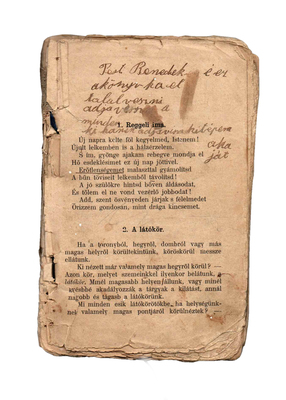 Régi könyv lapja, rajta reggeli ima és a látókör fogalma, Post Benedek írása.