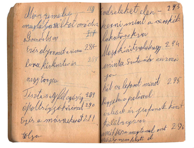 Régi jegyzetfüzet két oldala, tele kézzel írt feljegyzésekkel és számokkal.