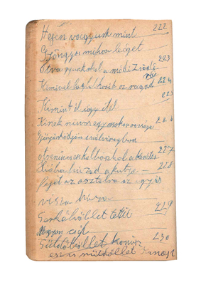 Régi jegyzetfüzet lapja, kézzel írt szövegekkel és számokkal, papír háttérrel.