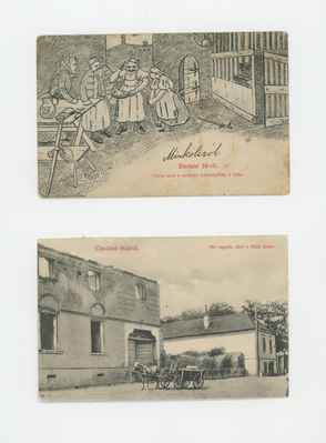 Két régi képeslap, az egyik Miskolcról konyhai jelenettel, a másik Mádról épülettel és lovaskocsival.