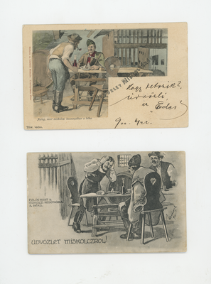 Két régi képeslap miskolci kocsmai jelenetekkel, pislogó béka mondással.