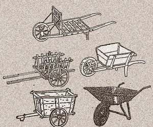 Régi talicskák és szekerek különböző típusai Különböző típusú régi talicskák és szekerek láthatók a képen, fa szerkezettel és kerekekkel.