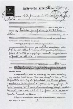 Régi adásvételi szerződés ingatlan eladásáról Régi adásvételi szerződés, amely ingatlan eladásáról szól, részletezve az eladó és vevő adatait, valamint a vételárat.