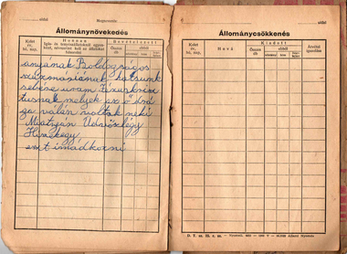 Régi állatállomány nyilvántartó könyv két oldala, állománynövekedés és csökkenés, kézzel írt szöveggel.